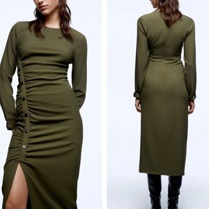 ZARA side ruched long sleeve midi dress olive green black buttons back zip med